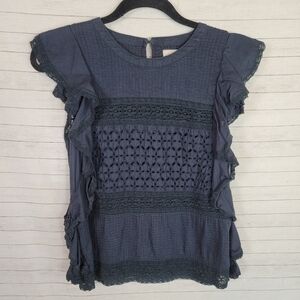 DENIM & SUPPLY NAVY BLIE SHORT SLEEVE TIERED RUFFLE TOP, SZ MEDIUM